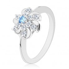Prsten stříbrné barvy, čirý květ s barevným středem a lesklými obloučky