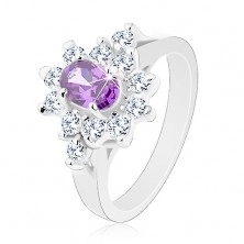 Prsten ve stříbrném odstínu, fialový oválný zirkon s čirou obrubou