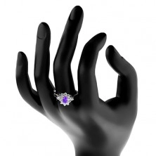Prsten ve stříbrném odstínu, fialový oválný zirkon s čirou obrubou