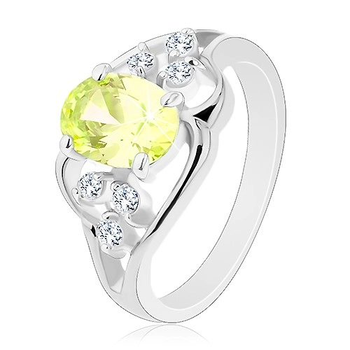 Prsten ve stříbrné barvě, asymetrické linie, světle zelený ovál, čiré zirkonky - Velikost: 50
