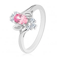 Prsten ve stříbrném odstínu, růžový broušený ovál, lístečky, čiré zirkony
