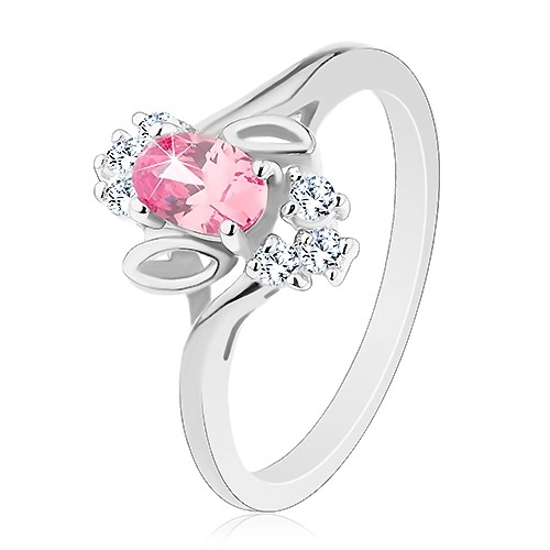 Prsten ve stříbrném odstínu, růžový broušený ovál, lístečky, čiré zirkony - Velikost: 56