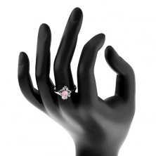 Prsten ve stříbrném odstínu, růžový broušený ovál, lístečky, čiré zirkony