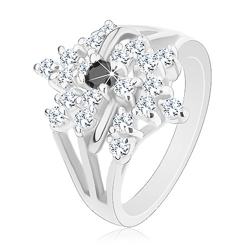 Prsten stříbrné barvy, rozvětvená ramena, čirý květ, černý zirkonek - Velikost: 52