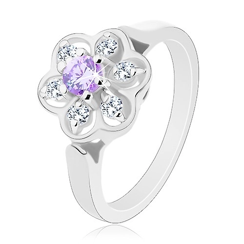 Prsten stříbrné barvy, čirý blýskavý kvítek se světle fialovým středem - Velikost: 52