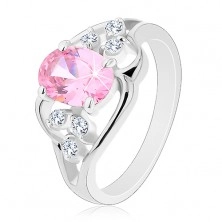 Prsten ve stříbrné barvě, asymetrické linie, růžový ovál, čiré zirkony