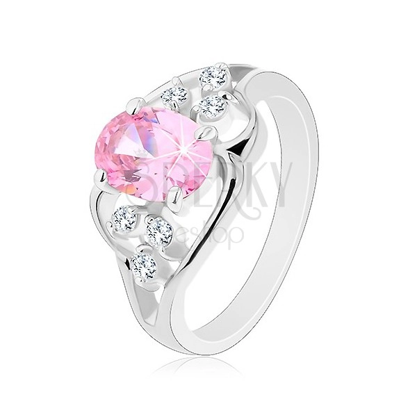 Prsten ve stříbrné barvě, asymetrické linie, růžový ovál, čiré zirkony