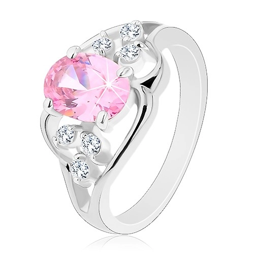 Prsten ve stříbrné barvě, asymetrické linie, růžový ovál, čiré zirkony - Velikost: 58