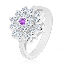 Prsten stříbrné barvy, velký čirý květ s fialovým zirkonem uprostřed