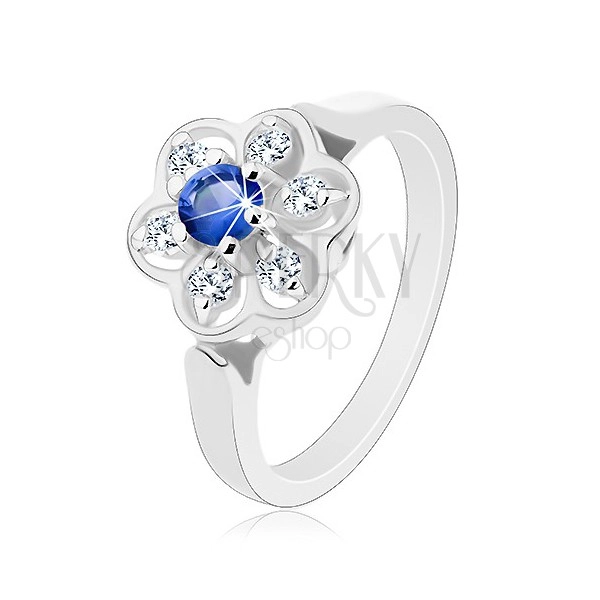 Prsten ve stříbrném odstínu, čirý kvítek s tmavě modrým zirkonem