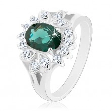 Prsten stříbrné barvy, smaragdově zelený zirkonový ovál, čirý obrys