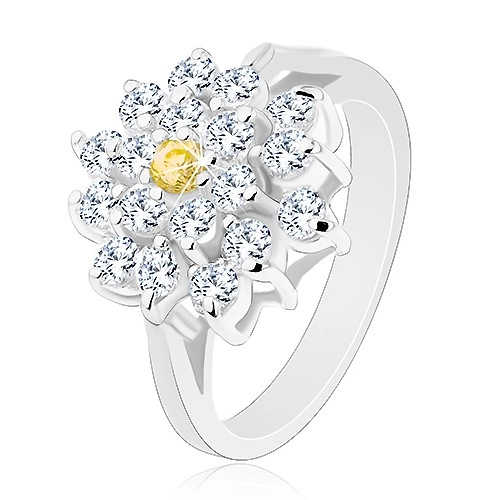 Prsten ve stříbrném odstínu, velký zirkonový květ čiré barvy, žlutý střed - Velikost: 51
