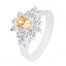 Prsten stříbrné barvy, světle oranžový ovál s čirým zirkonovým lemem
