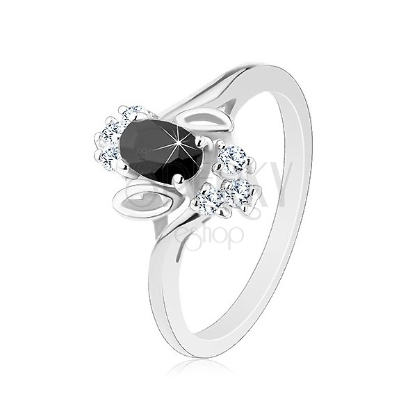 Prsten ve stříbrném odstínu, černý broušený ovál, lístečky, čiré zirkony
