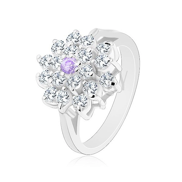 Prsten s rozvětvenými rameny, velký čirý květ se světle fialovým zirkonkem