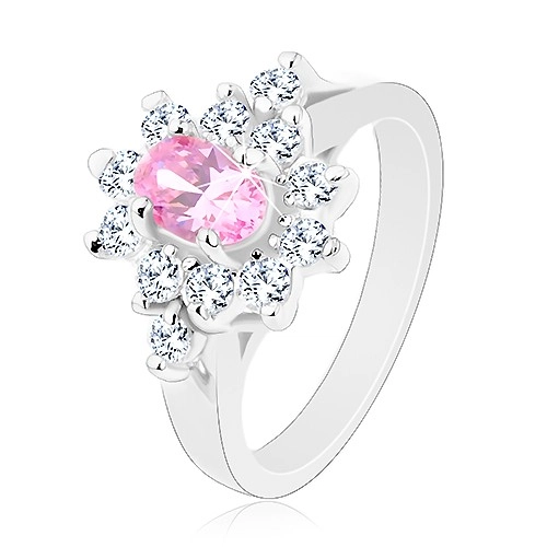 Prsten ve stříbrné barvě, broušený ovál v růžovém odstínu s čirým lemem - Velikost: 48