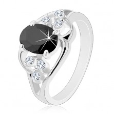 Prsten ve stříbrném odstínu, černý oválný zirkon, čiré zirkonky, vlnky