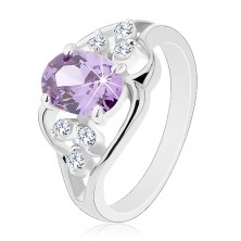 Prsten s rozdělenými rameny, zvlněné linie, oválný zirkon fialové barvy