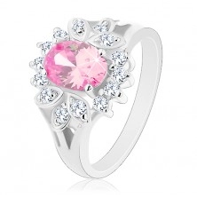 Prsten stříbrné barvy, růžový zirkonový ovál, čirý lem, lístečky