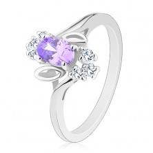 Třpytivý prsten, světle fialový oválný zirkon, lístečky, čiré zirkonky