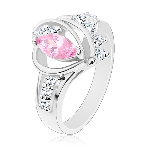 Prsten s rozdělenými zirkonovými rameny, velké růžové zrnko, obloučky - Velikost: 50