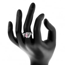 Prsten s rozdělenými zirkonovými rameny, velké růžové zrnko, obloučky