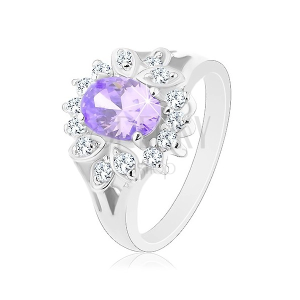 Prsten ve stříbrné barvě, světle fialový broušený ovál, čirý obrys