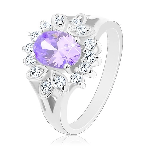 Prsten ve stříbrné barvě, světle fialový broušený ovál, čirý obrys - Velikost: 54