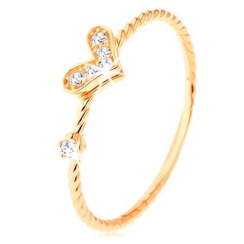Zlatý prsten 585, spirálovitě zatočená ramena, třpytivé srdíčko, zirkon - Velikost: 60