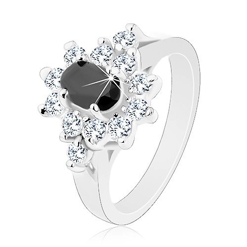 Lesklý prsten stříbrné barvy, černý zirkonový ovál s lemem čiré barvy - Velikost: 50