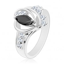 Prsten stříbrné barvy, černé zirkonové zrnko, lesklé oblouky, čiré zirkonky