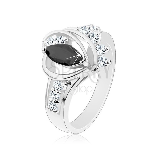 Prsten stříbrné barvy, černé zirkonové zrnko, lesklé oblouky, čiré zirkonky