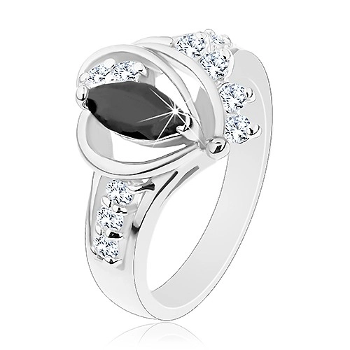 Prsten stříbrné barvy, černé zirkonové zrnko, lesklé oblouky, čiré zirkonky - Velikost: 55