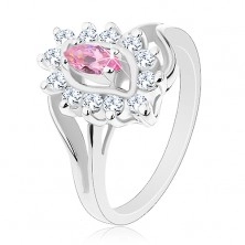 Lesklý prsten ve stříbrné barvě, růžové zirkonové zrnko, kulaté zirkonky