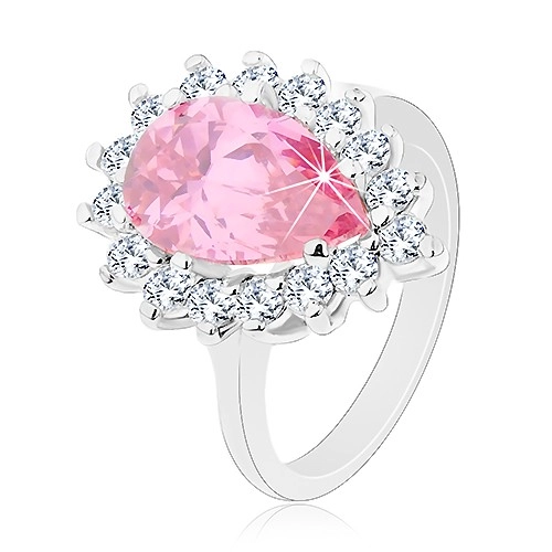 Třpytivý prsten s úzkými rameny, růžová zirkonová slza, kulaté zirkonky - Velikost: 51