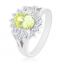 Prsten s rozdělenými rameny, světle zelený oválný zirkon, čirý lem