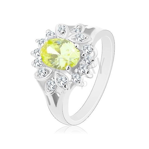 Prsten s rozdělenými rameny, světle zelený oválný zirkon, čirý lem