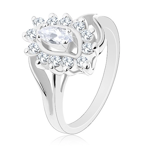 Prsten stříbrné barvy, čiré broušené zrnko v zirkonové obrubě - Velikost: 60