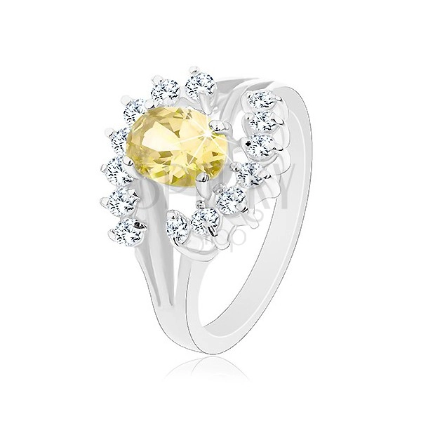 Prsten ve stříbrném odstínu, zirkonový ovál žluté barvy, čiré obloučky