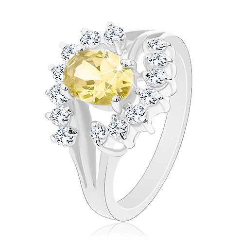 Prsten ve stříbrném odstínu, zirkonový ovál žluté barvy, čiré obloučky - Velikost: 49
