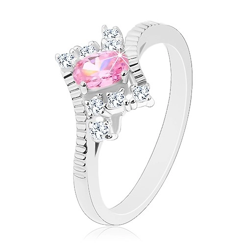 Prsten ve stříbrném odstínu s vroubkovanými rameny, růžový ovál, čiré zirkony - Velikost: 52