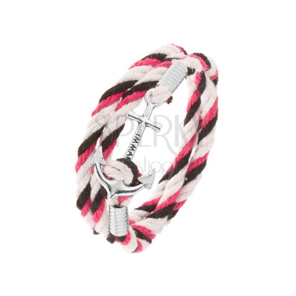 Náramek ze šňůrek bílé, černé a růžové barvy, lesklá kotva s nápisem