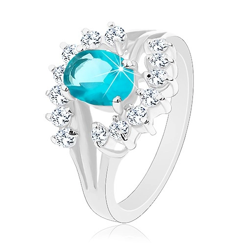 Lesklý prsten s rozvětvenými rameny, světle modrý zirkonový ovál, čiré oblouky - Velikost: 51