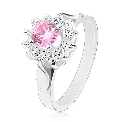 Prsten ve stříbrném odstínu, růžovo-čirý zirkonový květ, lesklé lístky - Velikost: 60