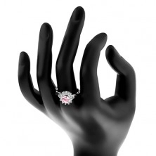 Prsten ve stříbrném odstínu, růžovo-čirý zirkonový květ, lesklé lístky