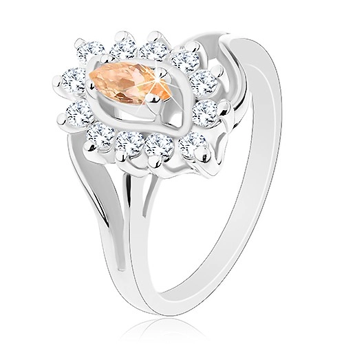Třpytivý prsten ve stříbrném odstínu, světle oranžové zrnko, čiré zirkonky - Velikost: 57