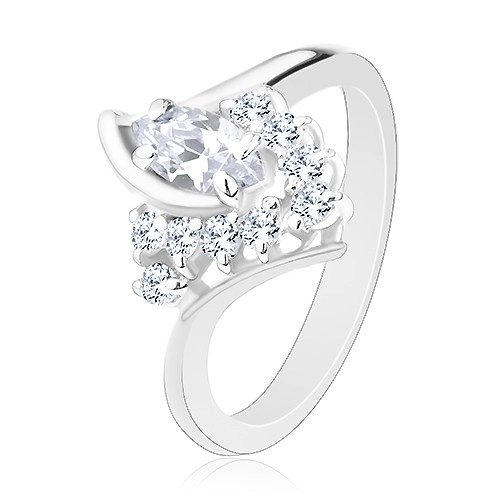 Lesklý prsten ve stříbrné barvě, zahnutá ramena, čiré zirkony - Velikost: 54