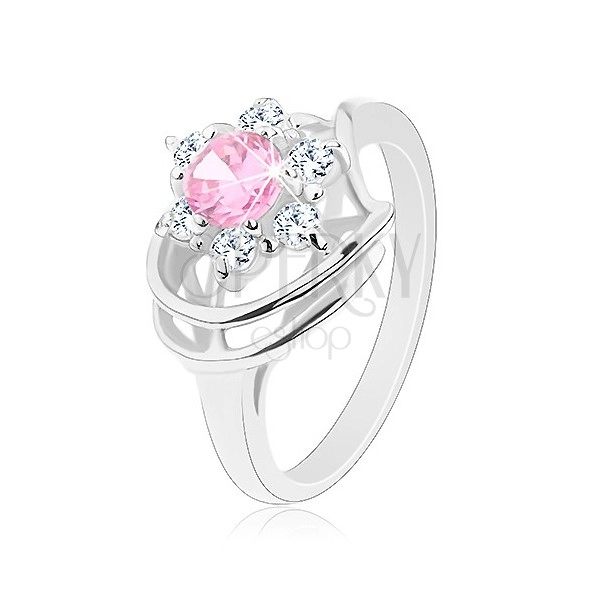 Prsten ve stříbrné barvě, růžovo-čirý zirkonový květ, lesklé oblouky
