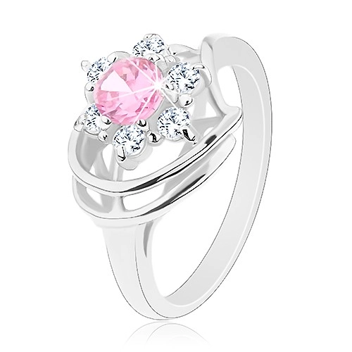 Prsten ve stříbrné barvě, růžovo-čirý zirkonový květ, lesklé oblouky - Velikost: 52