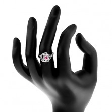 Prsten ve stříbrné barvě, růžovo-čirý zirkonový květ, lesklé oblouky